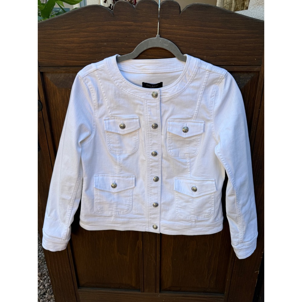 Talbots Petite White Denim Jacket MP Silver Crest Button Round Neck Four Pocket